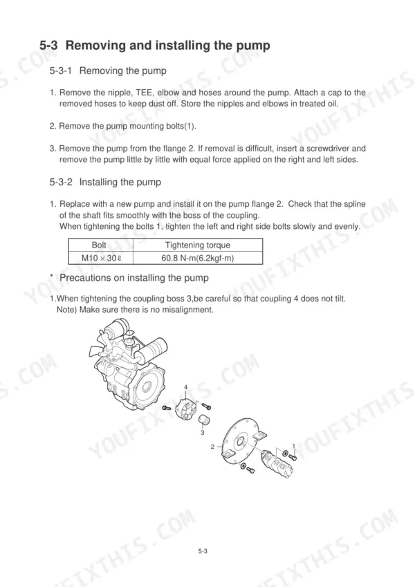 Hyundai Robex 16-7 hydraulic pump removal and installation procedure with torque specifications and component diagram.