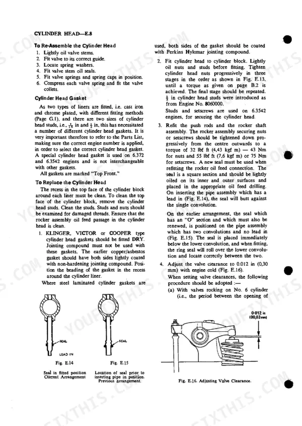 Perkins 6.354, T6.354, 6.3542, 6.372 cylinder head reassembly, gasket installation, and valve clearance adjustment procedures.