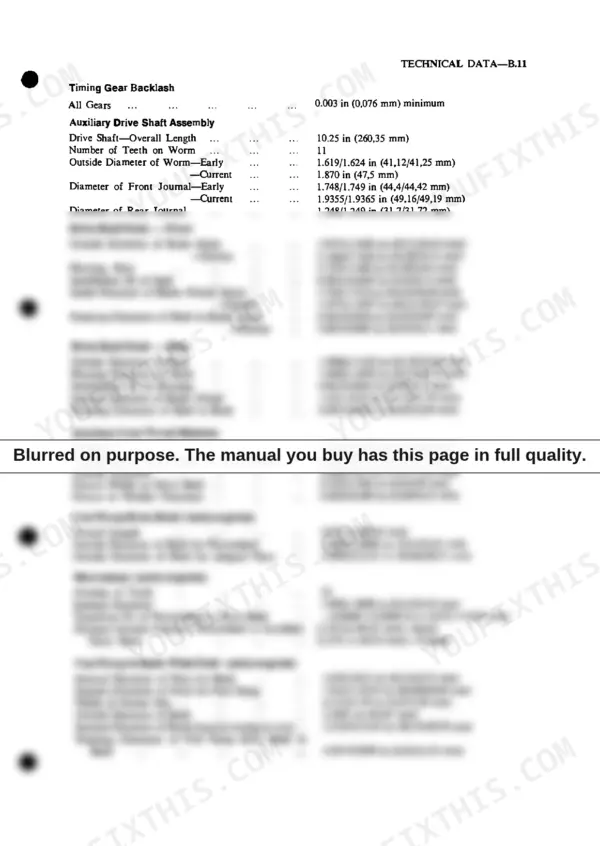 Perkins 6.354, T6.354, 6.3542, 6.372 technical data table for auxiliary drive shaft, fuel pump drive, and gear clearances.