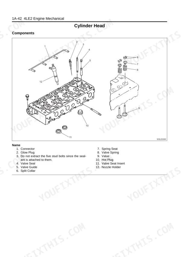 Isuzu 4LE2 engine mechanical section, cylinder head components exploded and numbered