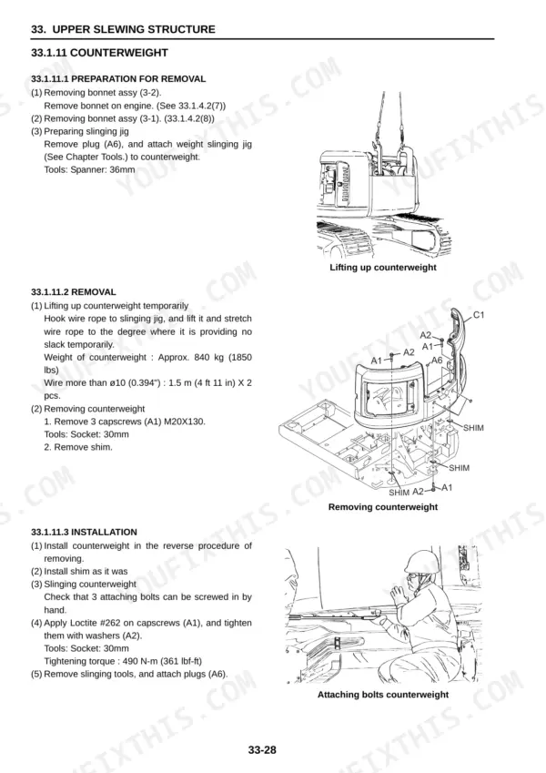 Counterweight removal from the upper slewing structure: taking off the bonnet assemblies, fitting the weight slinging jig in place of the plug, with the spanner size called out