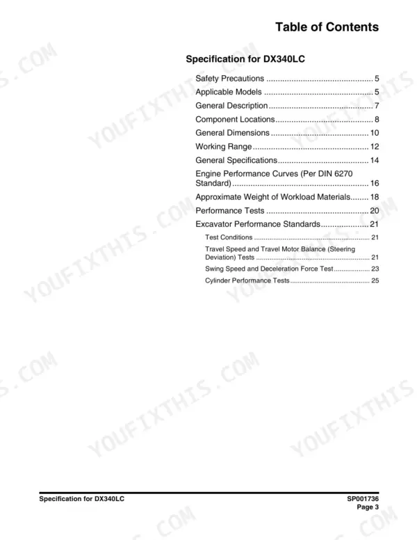 Doosan DX340LC shop manual table of contents for specifications, performance tests, and excavator standards.