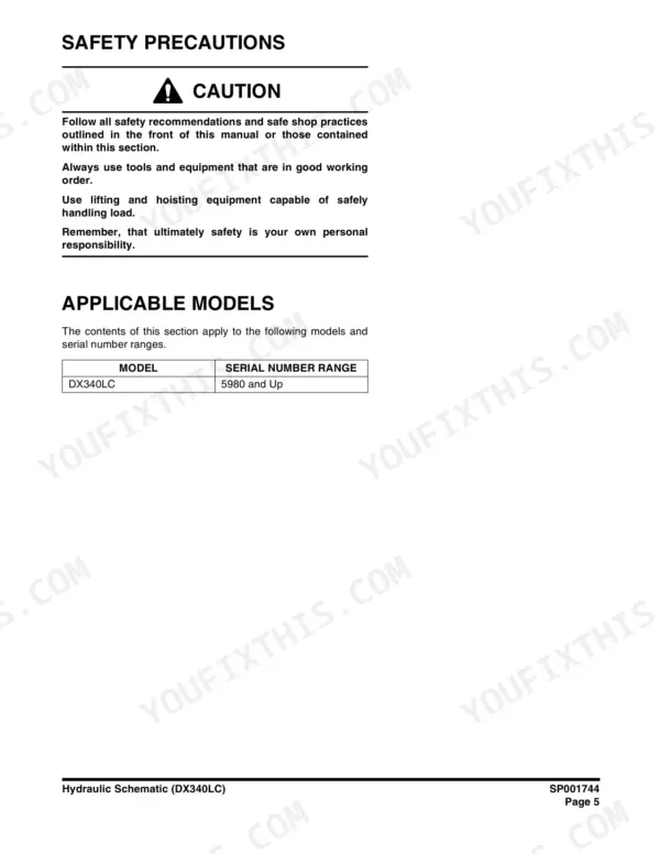 Doosan DX340LC safety precautions and applicable models table for serial numbers 5980 and up.