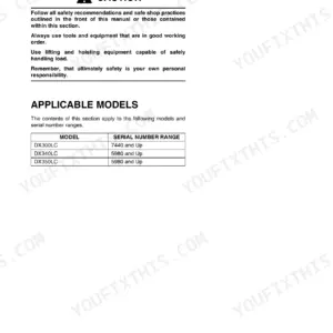 Doosan DX340LC safety precautions and applicable models table for DX300LC, DX340LC, and DX350LC serial number ranges.