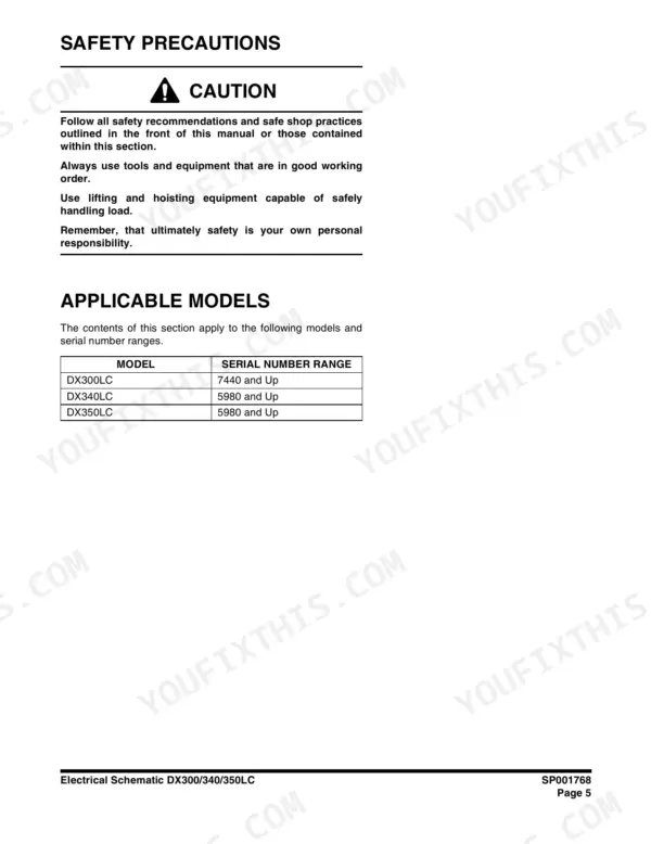 2133aa14-b-page-800 Doosan DX340LC safety precautions and applicable models table for DX300LC, DX340LC, and DX350LC serial number ranges.