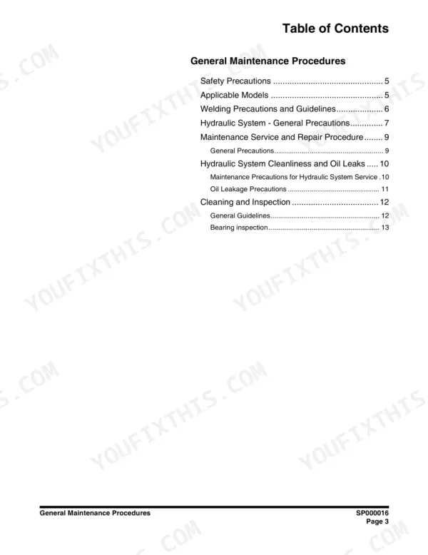 Doosan DX340LC table of contents for General Maintenance Procedures, covering safety, welding, and hydraulic system service.