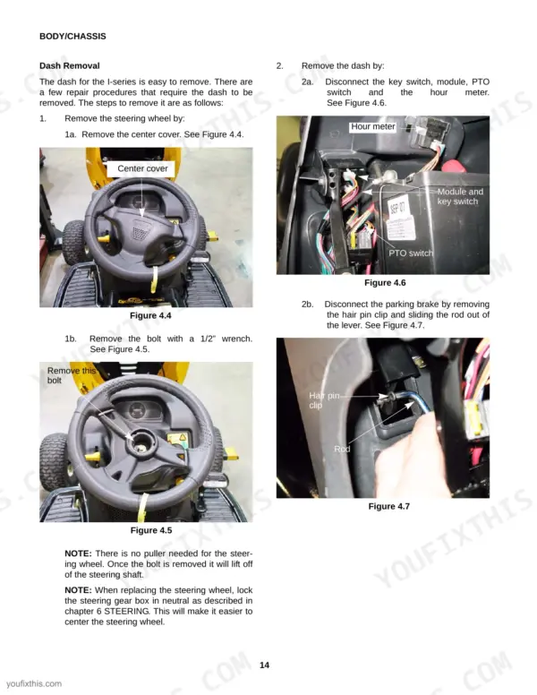 Cub Cadet I Series, I Series Riding Tractors, 17AF9BKH710, dash removal procedure, steering wheel and parking brake linkage.
