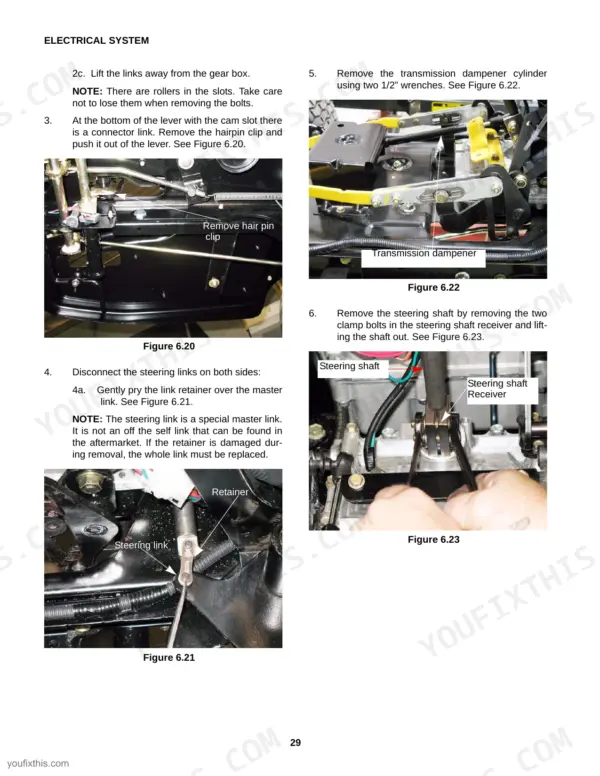 Cub Cadet I Series, I Series Riding Tractors, 17AF9BKH710, procedures for removing steering links, transmission dampener, and steering shaft.