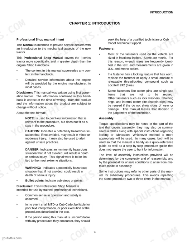 Cub Cadet I Series, I Series Riding Tractors, 17AF9BKH710, Chapter 1 Introduction, manual intent, fasteners, and assembly guidelines.