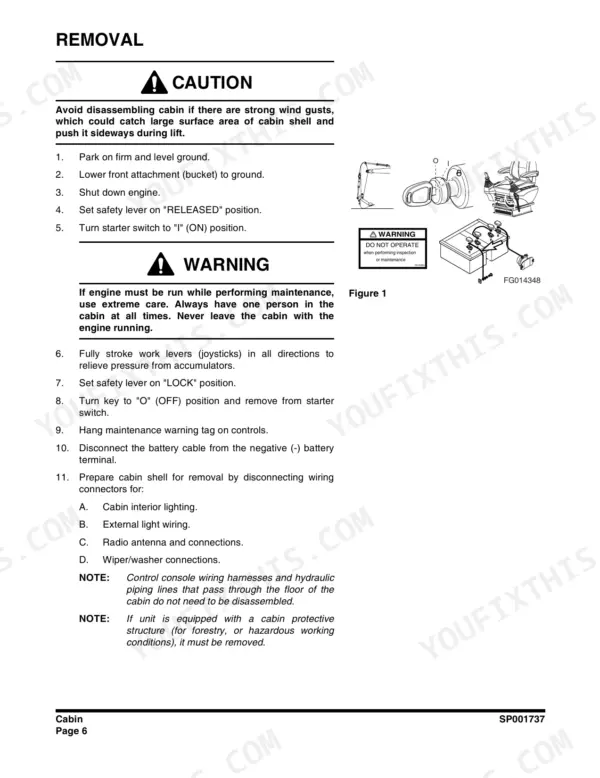 Doosan DX350LC, DX300LC, DX340LC, DX420LC, DX480LC, DX520LC cabin removal procedure steps and safety warnings.