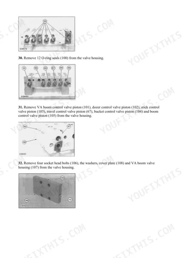 VA boom control valve strip-down: removing the twelve O-ring seals from the valve housing and drawing the piston out, with the numbered illustration