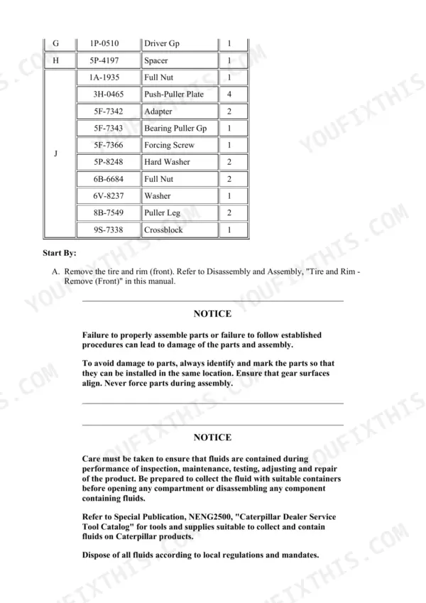 Power train overhaul step with the special tooling called out by its Caterpillar tool number
