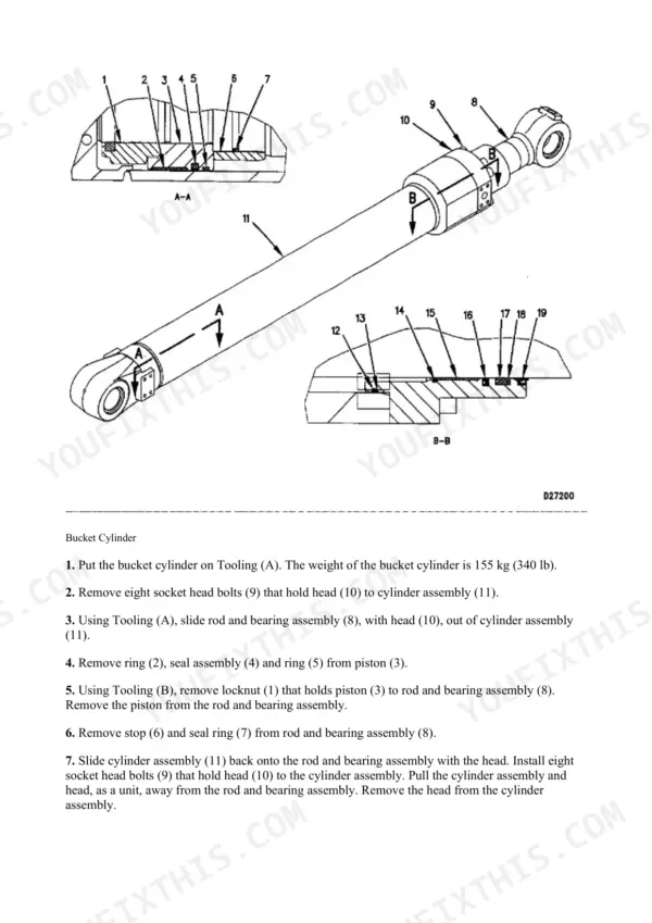 Bucket cylinder service: setting the cylinder on the fixture, with its weight given for safe handling