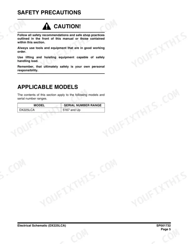 50adf7ae-b-page-764 Doosan DX225LCA safety precautions and applicable models table for serial numbers 5167 and up.