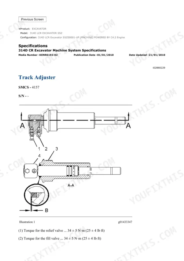 314D CR machine system specifications page, headed with the machine configuration, 314D LCR Excavator SSZ00001-UP powered by the C4.2 engine