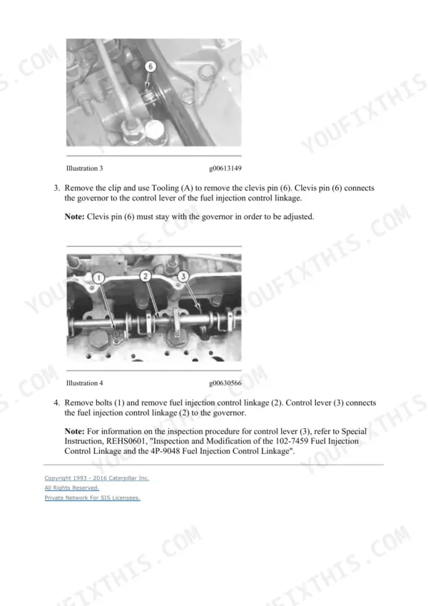 Fuel injection control linkage removal, with the illustration showing the clevis pin, mounting bolts and the control lever that connects the linkage to the governor