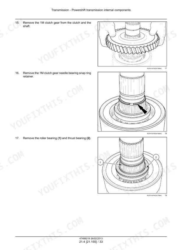 Powershift transmission internal components: removing the 1M clutch gear from the clutch and the shaft, with the workshop photograph for the step