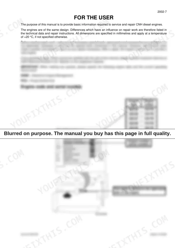 Engine type and serial number table listing five engine codes with their rated power output