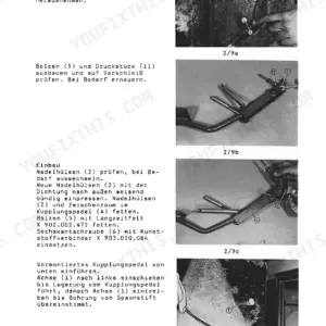 Fendt Favorit 611, 612, 614, 615 LSA clutch pedal removal and installation procedure with component photos and numbered parts.