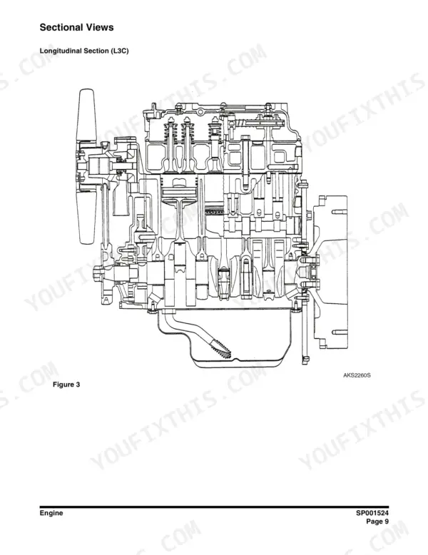 Doosan DX15, DX18 engine longitudinal section diagram showing internal components like pistons, crankshaft, and valves.