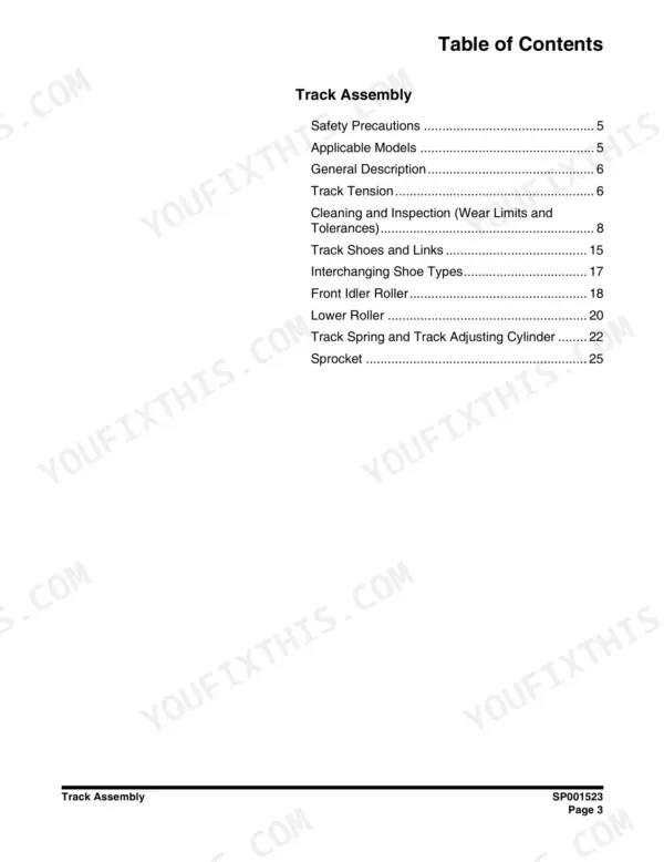 Doosan DX15, DX18 service manual table of contents for track assembly, including tension, rollers, and sprocket sections.