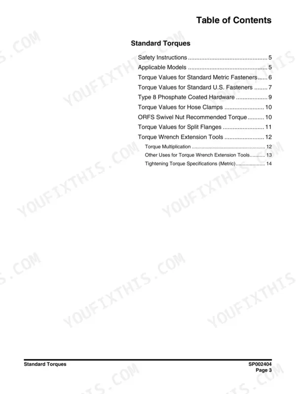 Doosan DX380LC-3 table of contents for Standard Torques section listing fasteners, hose clamps, and torque wrench tools.