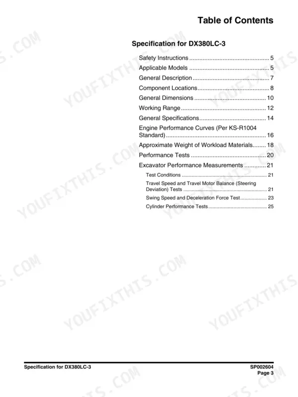Doosan DX380LC-3 service manual table of contents for specifications, performance tests, and component locations.