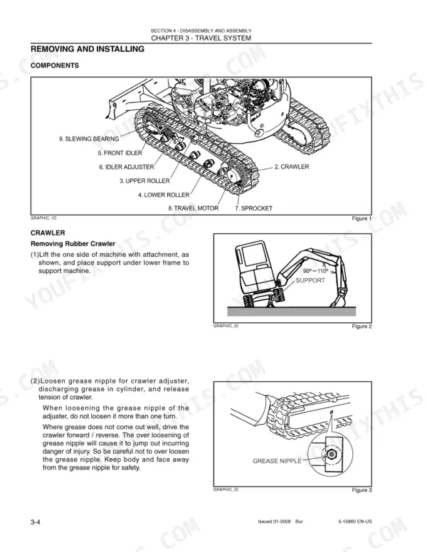 Undercarriage component overview with numbered callouts for the upper and lower rollers, front idler, idler adjuster, sprocket, travel motor and slewing bearing, followed by the rubber crawler removal procedure