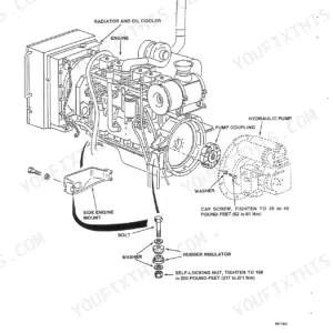 Case 888, 888 Excavator engine installation exploded view showing engine, hydraulic pump, mounts, and torque specifications.