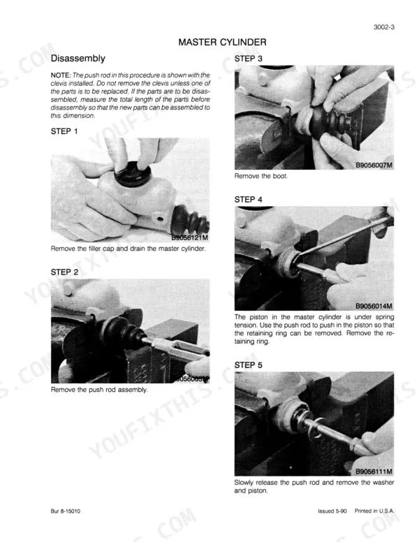 Case 1085C accelerator master cylinder disassembly steps with push rod detail.
