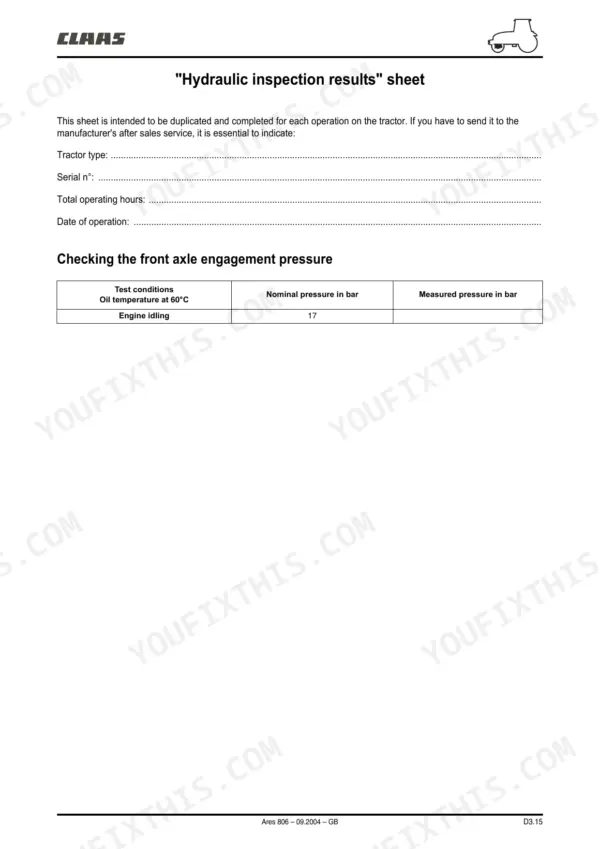 CLAAS Ares 806 repair manual - Front Axle & 4WD (D), Tractor type