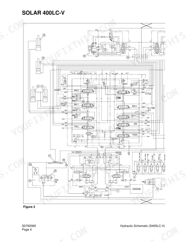 Daewoo Solar 400LC-V hydraulic schematic diagram showing main control valve, pump system, and actuator connections.