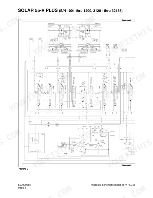 Daewoo Solar 55-V Plus hydraulic schematic diagram showing pump, control valves, and travel motor circuits.