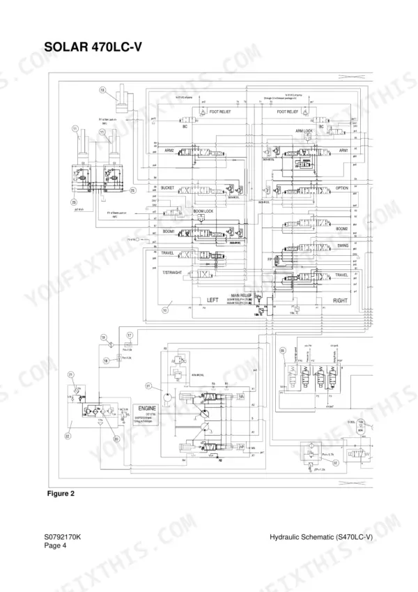 Daewoo Solar 470LC-V hydraulic schematic sheet showing the pump, main control valve, cylinder and travel circuits.