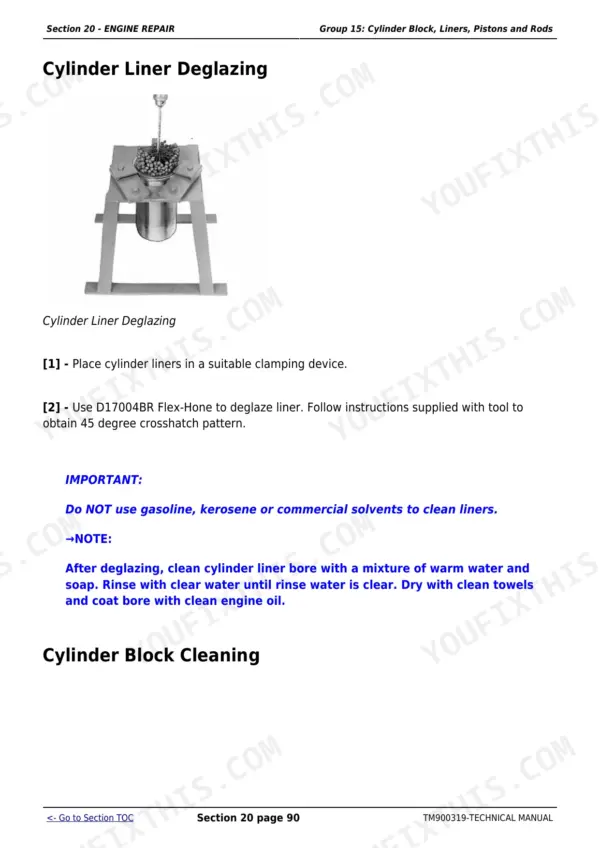 John Deere 5050E, 5055E, 5065E, 5075E cylinder liner deglazing procedure using D17004BR Flex-Hone tool and cleaning instructions.