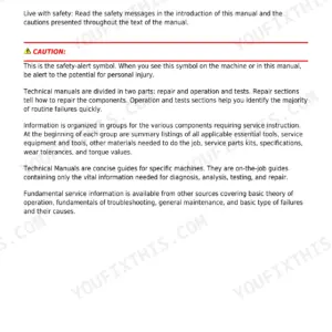 John Deere 5050E, 5055E, 5065E, 5075E technical manual foreword page explaining repair and operation sections.