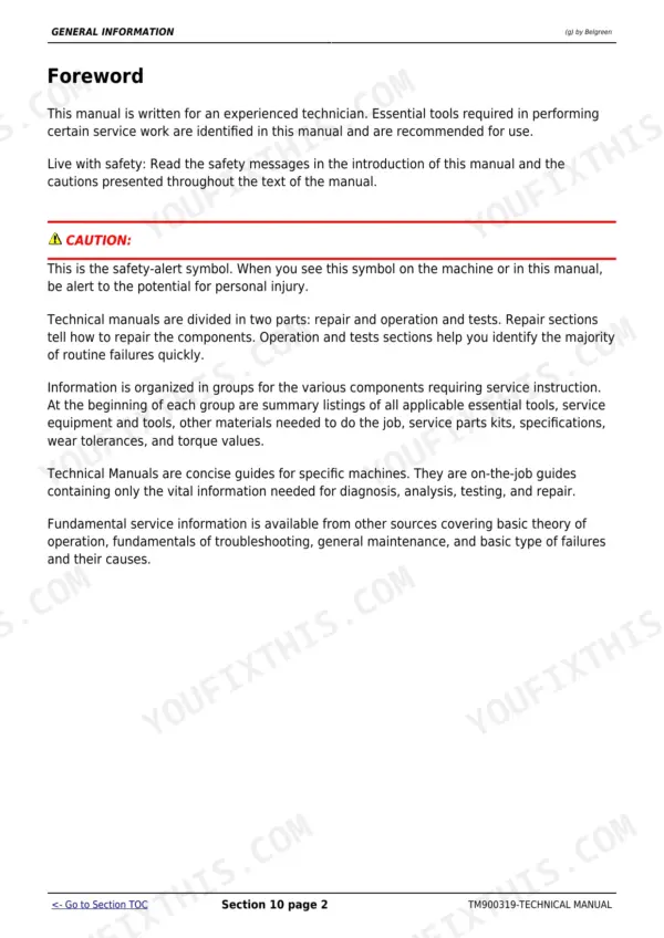 db6c4307-b-page-5 John Deere 5050E, 5055E, 5065E, 5075E technical manual foreword page explaining repair and operation sections.