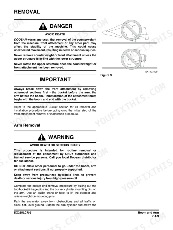Doosan DX235LCR-5 shop manual - Boom and Arm, Removal