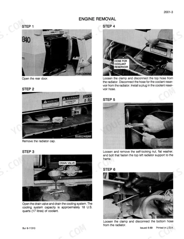 Case 1840 Skid Steer engine removal steps 1-6, showing radiator drainage and hose disconnection procedures.
