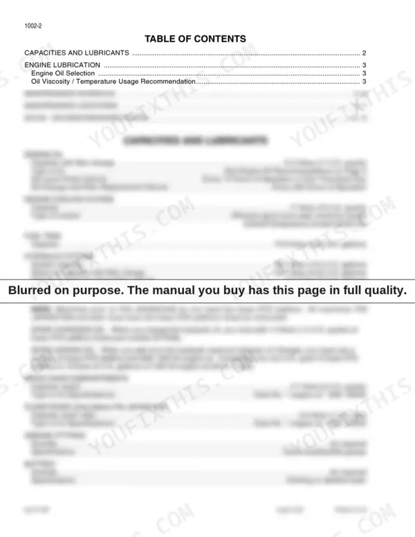 Case 1840 Skid Steer service manual table of contents and fluid capacities and lubricants specification table.
