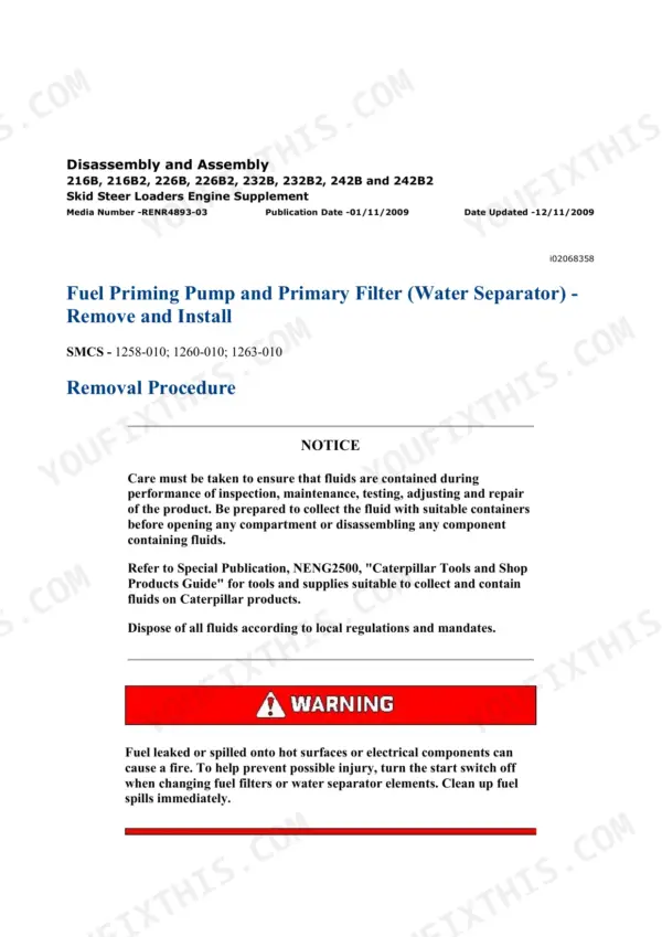 Fuel priming pump and primary filter with water separator, removal procedure, with the fluid containment notice that opens the job