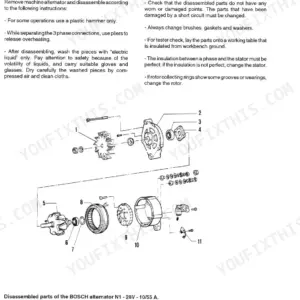 Fiat-Hitachi FD175: Exploded view and disassembly instructions for Bosch N1 28V 10/55A alternator.