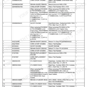 Ford 5600 parts list table for short engine and cylinder head assemblies with part numbers and descriptions.