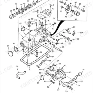 Ford 7610 exploded view of the hydraulic lift cover and related parts (figure 05A02), with numbered callouts for the lift cover, gasket, control linkage, relief valve and oil filter.