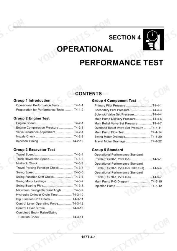 Hitachi EX200-5 repair manual - Performance Testing & Troubleshooting, 2SHUDWLRQDO\u00fd3HUIRUPDQFH\u00fd7HVWV \u00ef\u00ef\u00ef\u00ef\u00ef\u00ef\u00ef\u00ef\u00ef\u00ef\u00ef\u00ef\u00ef\u00ef\u00ef 7\u00e9\u00f0\u00ec\u00f0\u00ec