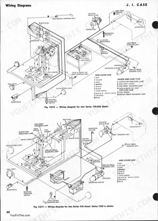 J. I. Case 730, 830, 930, 1030 shop manual — wiring diagrams for late-series gasoline and diesel tractors, p. 51