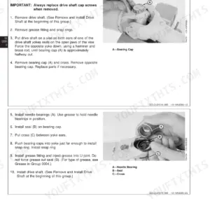 John Deere 310G service manual page showing step-by-step procedure to replace drive shaft U-joints and bearing caps.