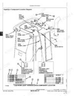 John Deere 310SE, 315SE cab work light harness component location diagram and connector pinout tables.