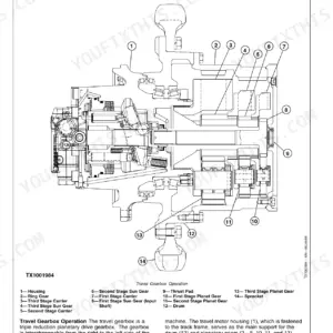 John Deere 350DLC, 350DLC Excavator travel gearbox operation cross-section diagram with numbered component list.