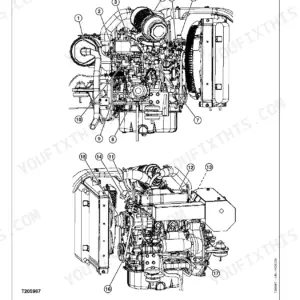 John Deere 35D, 50D Excavator engine component location diagram showing numbered parts and cooling system layout.